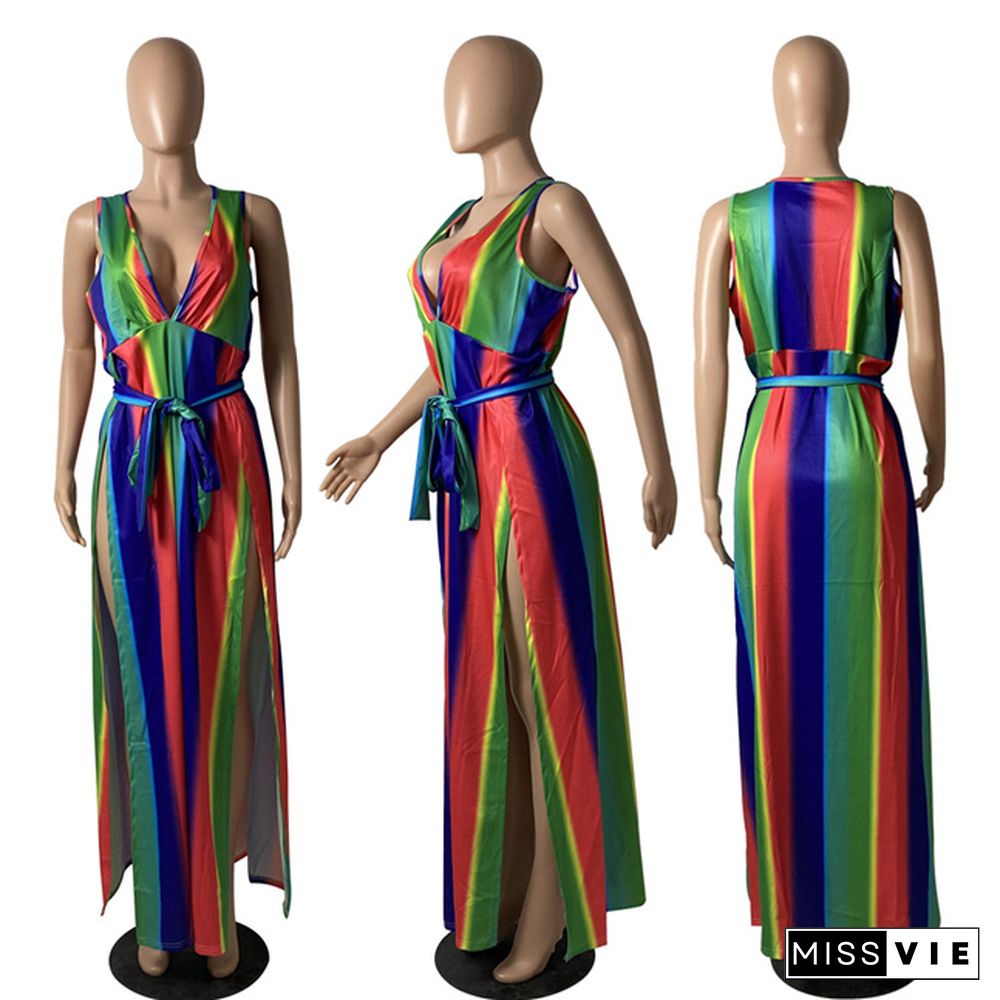 Women Elegant Rainbow Striped Print Sleeveless Summer Sexy Deep V Neck High Slit Maxi Long Dress