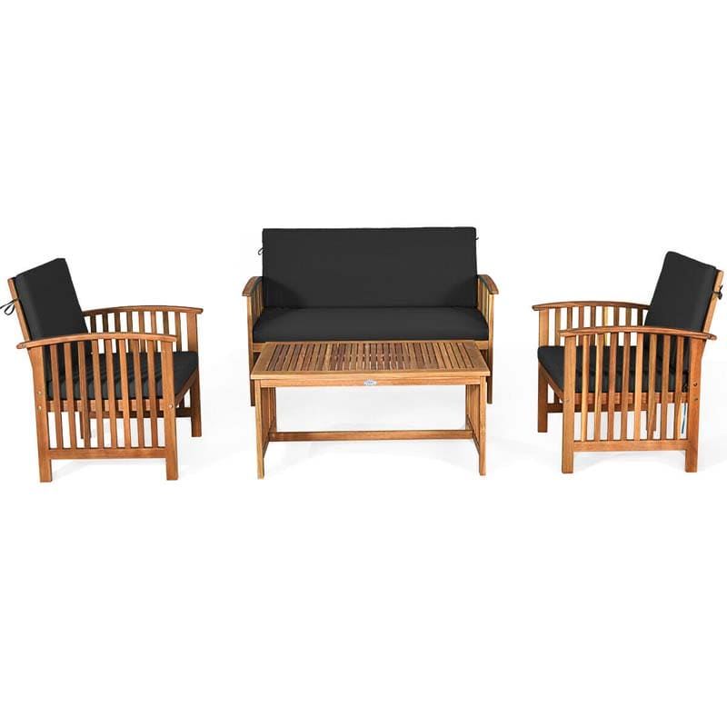 4 Pcs Outdoor Acacia Wood Sofa Set Patio Conversation Furniture Set with Cushions & Coffee Table