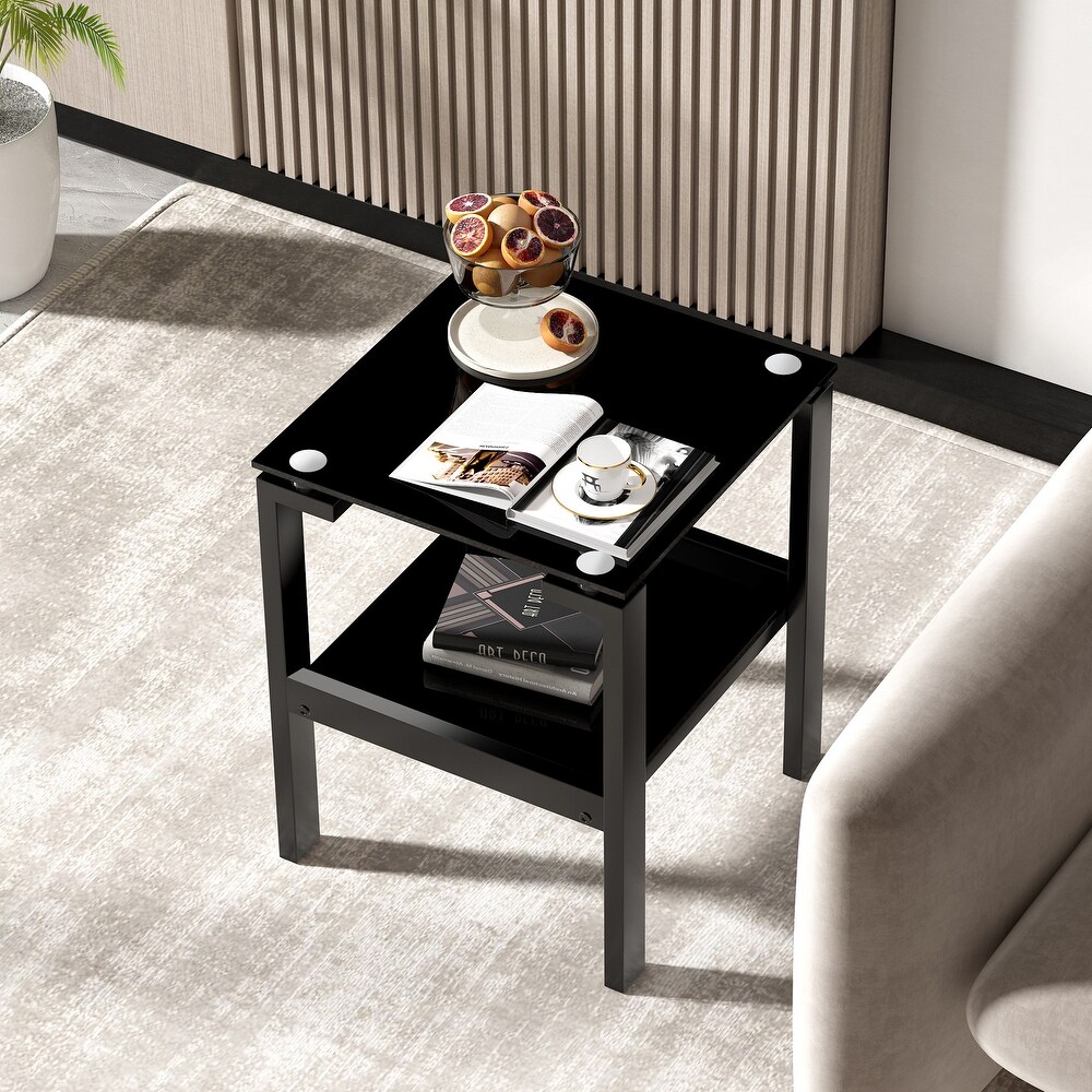 Black Tempered Glass End Table Small Side Table with 2 Layer