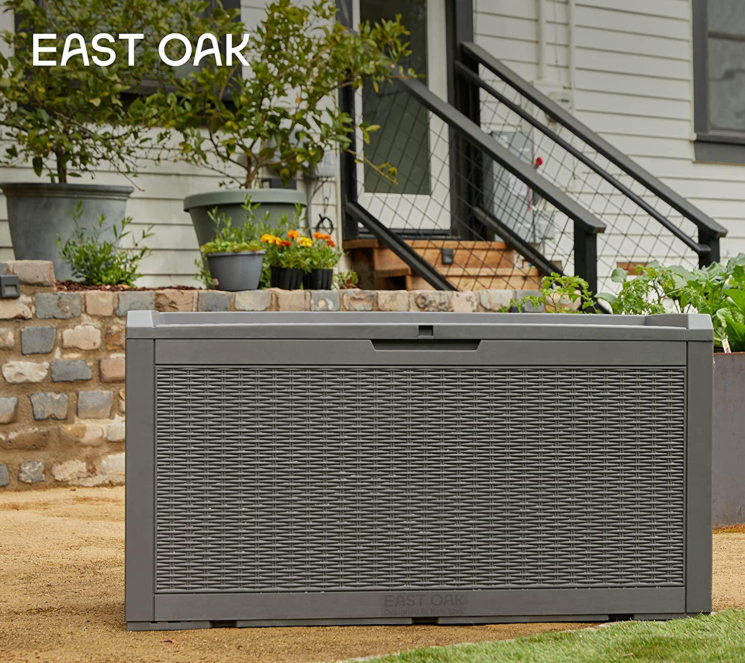 EAST OAK 100 Gallon Large Deck Box, Outdoor Storage Box with Padlock for Patio Furniture, Patio Cushions, Gardening Tools, Pool Supplies, Waterproof and UV Resistant, 660lbs Weight Capacity, Grey