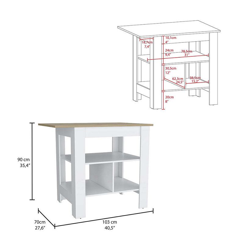 Lisbon Kitchen Island， 3-Tier Shelf and Large Workstation