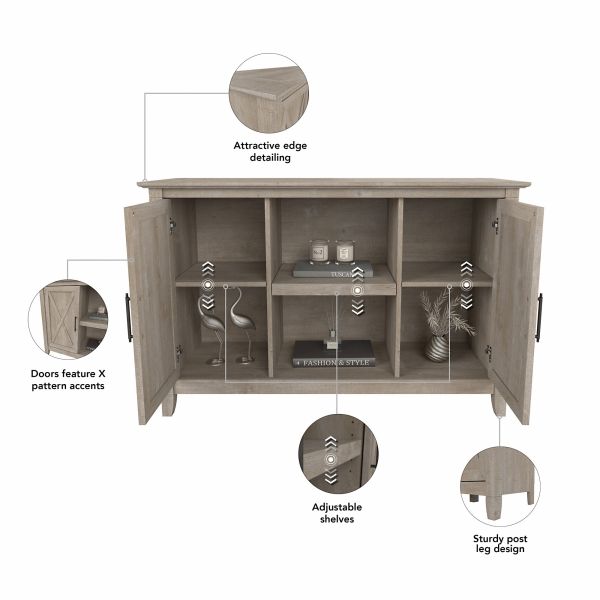 Bush Furniture Key West Entryway Storage Set with Hall Tree， Shoe Bench and 2 Door Cabinet in Washed Gray