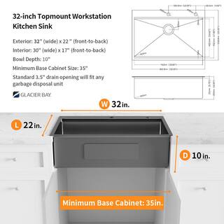 Glacier Bay Gunmetal Black Stainless Steel 32 in. 18 Gauge Single Bowl Dual Mount Workstation Kitchen Sink ACS3222A1T-W