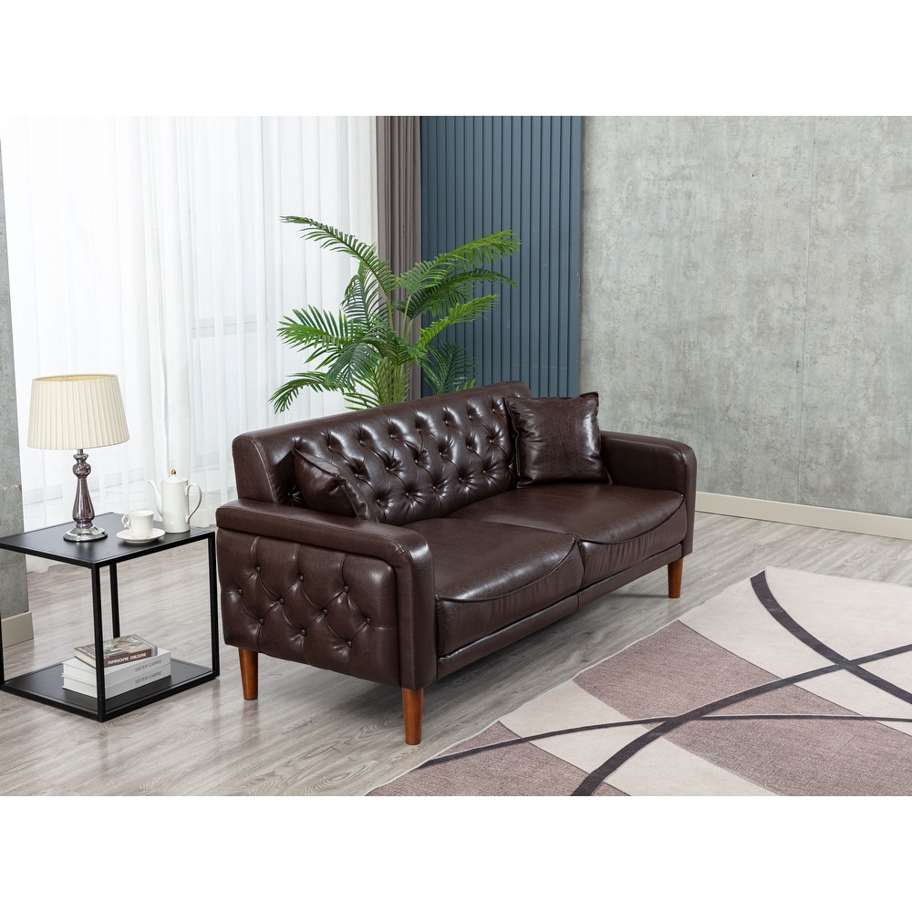 3 Seater PU Leather Sofa  Modern Sleeper Couch with Tufted Button  2 Pillows and 4 Tapered Legs  for Living Room  Apartment