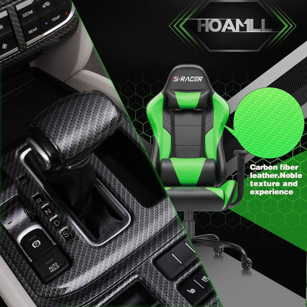 LACOO Gaming Chair High Back Racing Computer Chair PU Leather Adjustable Seat Height Swivel Chair with Headrest(Green) T-OCRC8S79