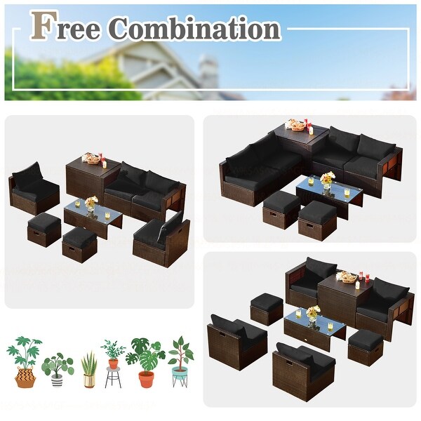 Costway 8PCS Patio Rattan Furniture Set SpaceSaving Storage Cushion