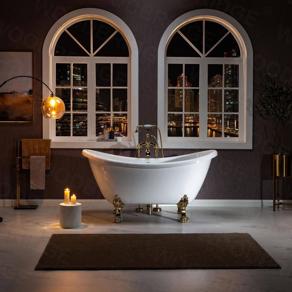 WOODBRIDGE Seattle 59 in. Heavy Duty Acrylic Slipper Clawfoot Bath Tub in White Claw Feet Drain  Overflow in Polished Gold HBT7033