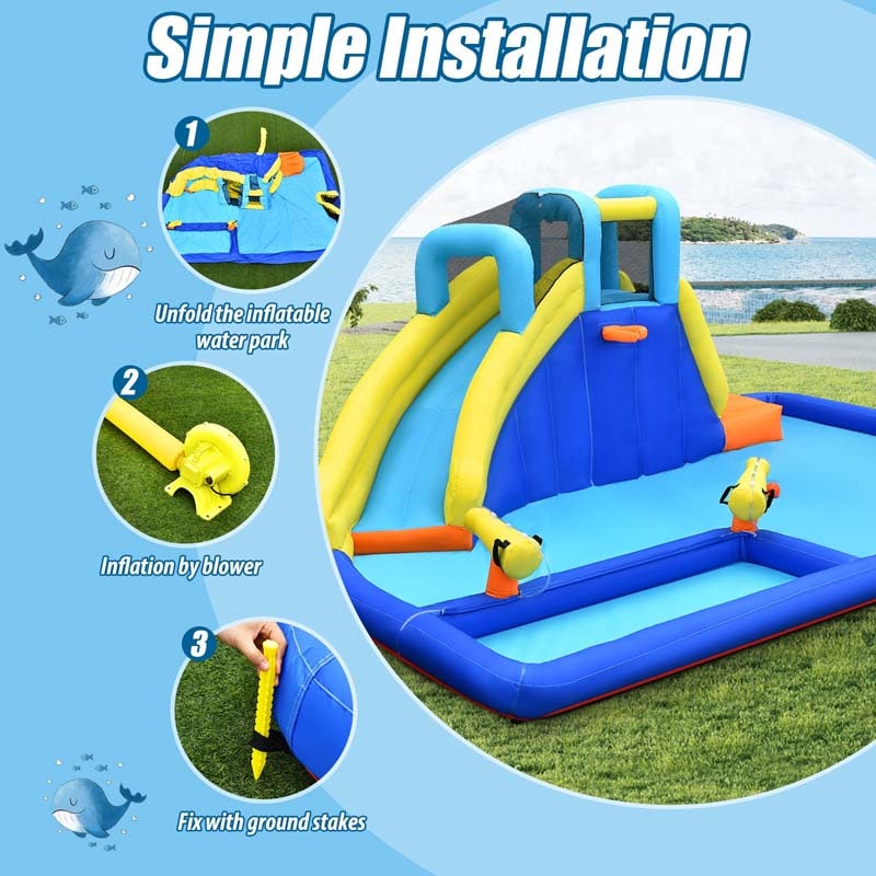 6-in-1 Kids Giant Water Park Inflatable Water Slide Bounce House with Large Soccer Splash Pool, Water Cannons, Climbing Wall