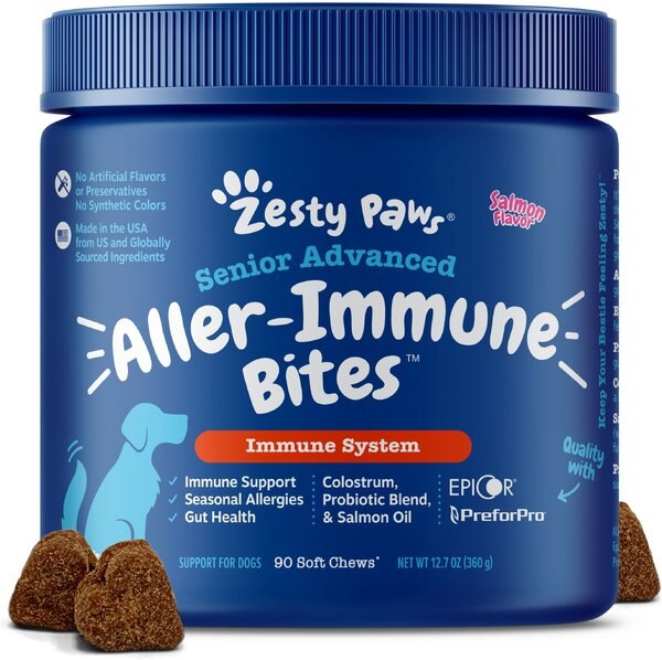 Zesty Paws Advanced Aller-Immune Bites Salmon Flavored Soft Chews Allergy and Immune Supplement for Senior Dogs