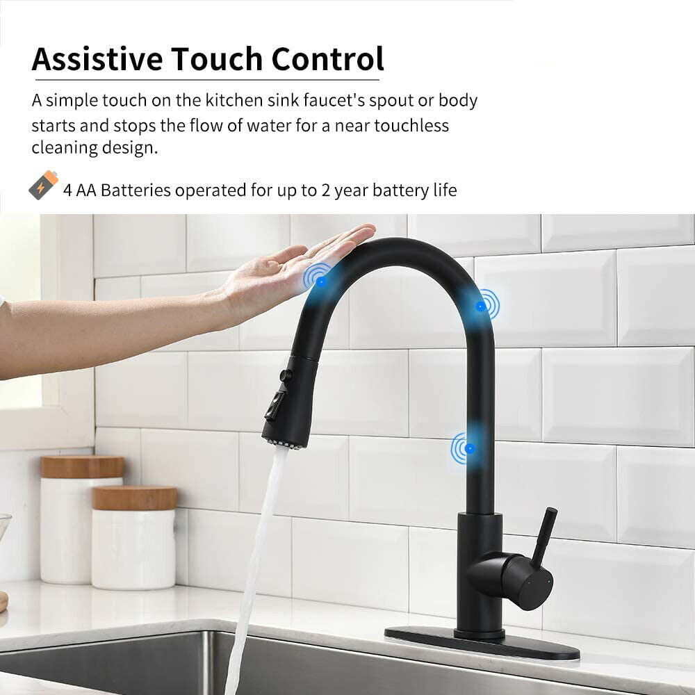 Black Touch On Sensor Kitchen Sink Faucet Pull Out Side Sprayer with Cover