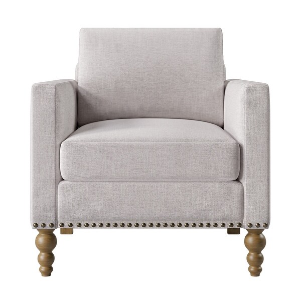 Linen Armchair Accent Chair with Bronze Nailhead Trim Wooden Legs Single Sofa Couch