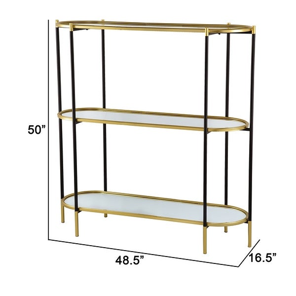 50 Inch Console Table， 3 Tier， Oblong Shaped Mirrored Top， Gold Iron Frame