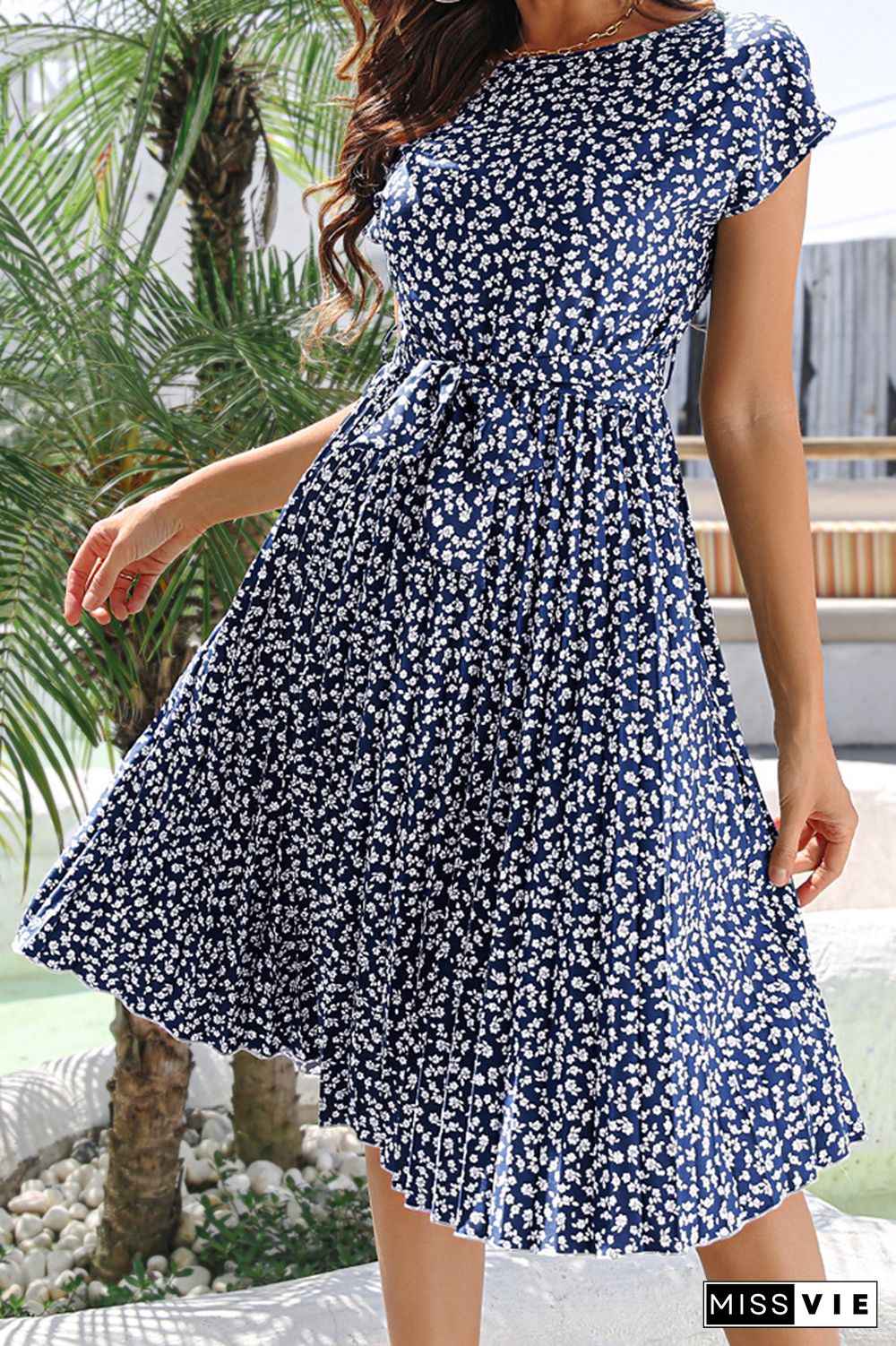 Floral Short Sleeve Dress With Sashes Wholesale