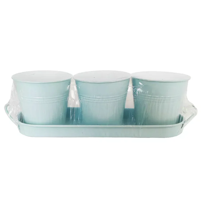 Wholesale galvanized customize the packaging  set of 3 metal herb pots with tray planter decor flower pots