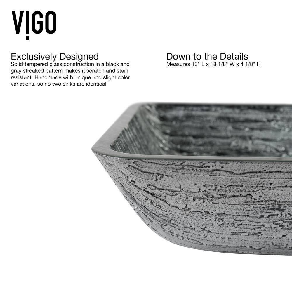 VIGO Donatello Artistic Titanium Gray Glass 18 in. L x 13 in. W x 4 in. H Rectangular Vessel Bathroom Sink VG07085