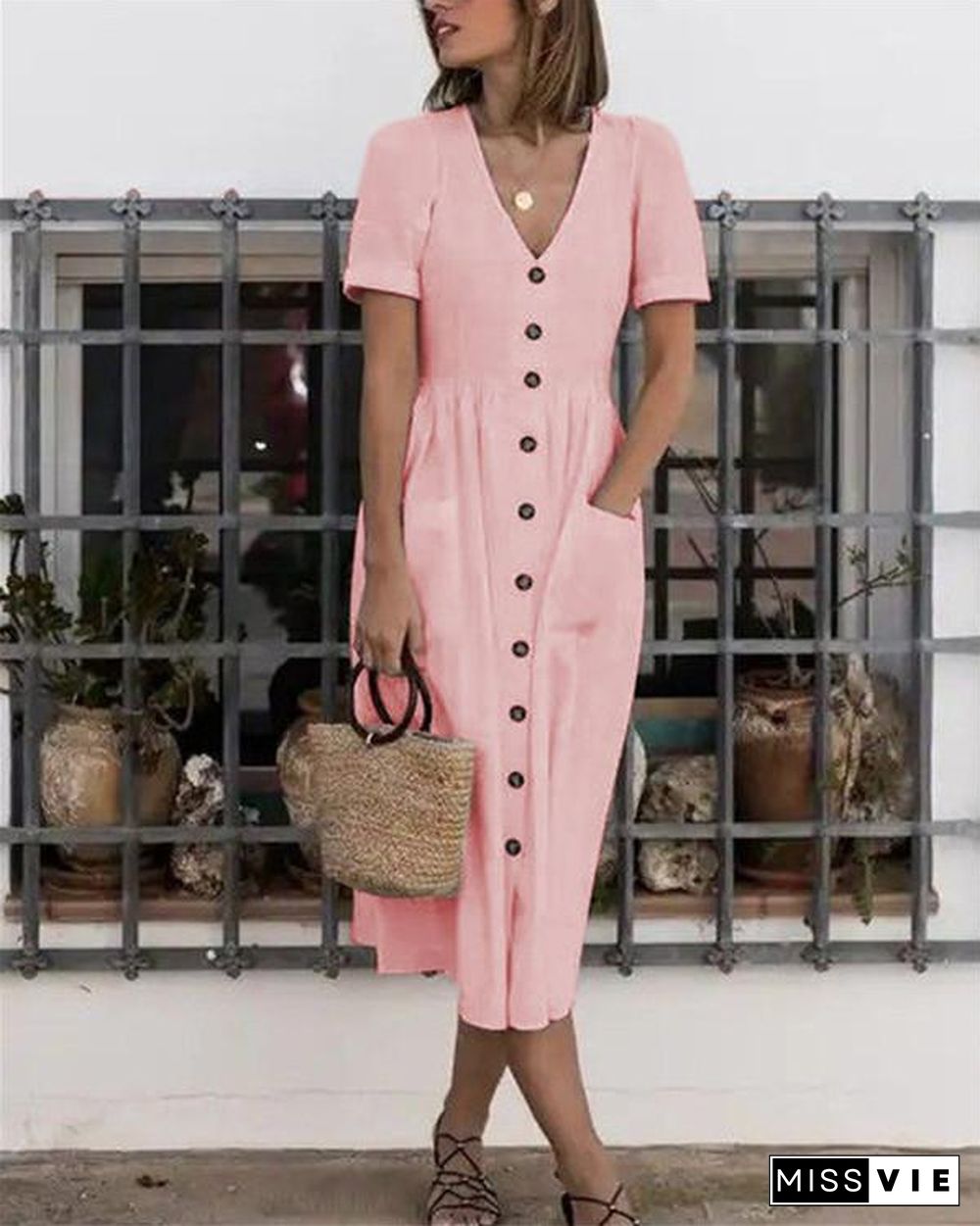 Solid Short Sleeve Button  Midi Dress