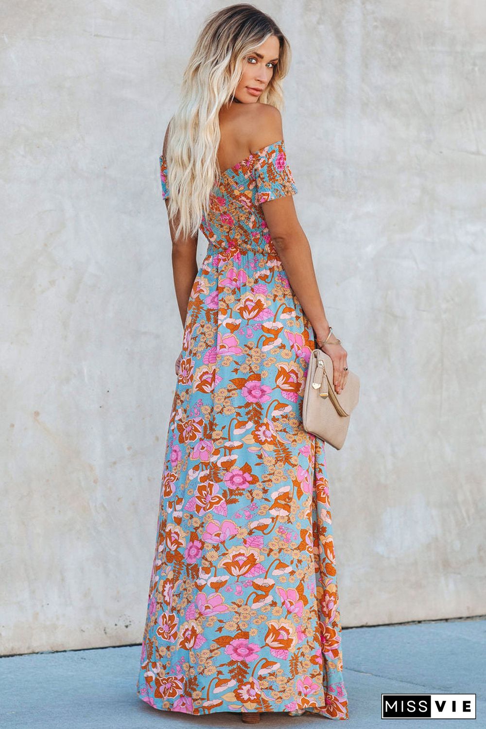 Sky Blue Floral Print Shirred Side Slit Off Shoulder Maxi Dress