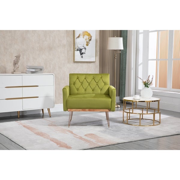 European Style Accent Chair， Velvet Upholstered Leisure Single Sofa with Rose Gold Feet for Living Room， Olive Green