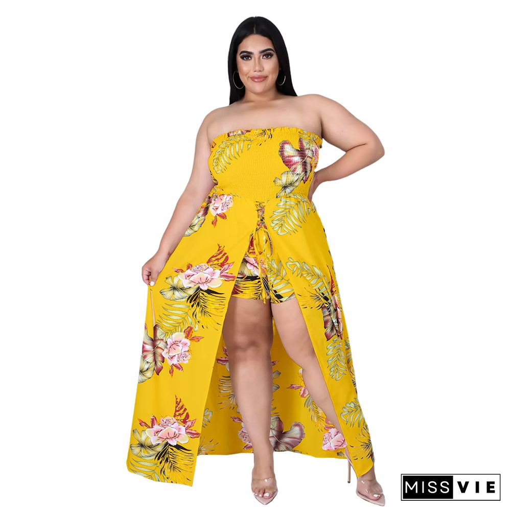 Summer Plus Size Women Clothing Floral Print Elastic Waist Beach Casual One Piece Split Jumpsuit