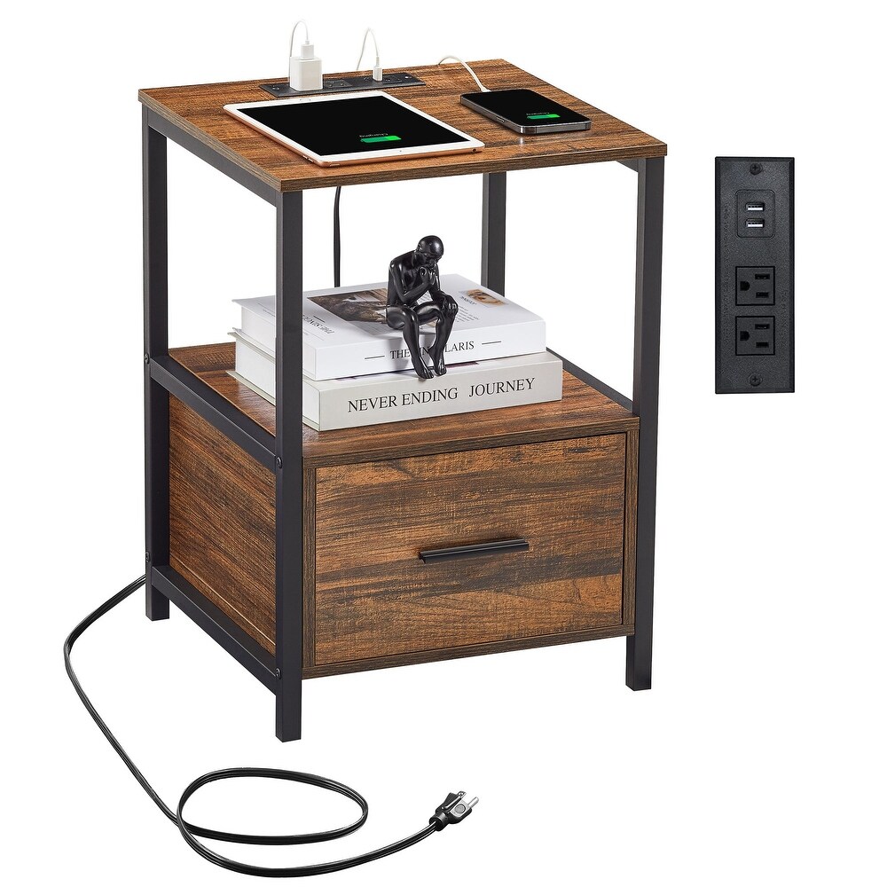 VECELO Mid Century Modern Nightstand with Charging Station USB Port