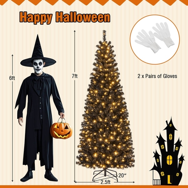 Costway 7ft Prelit PVC Christmas Halloween Pencil Tree Black with 350