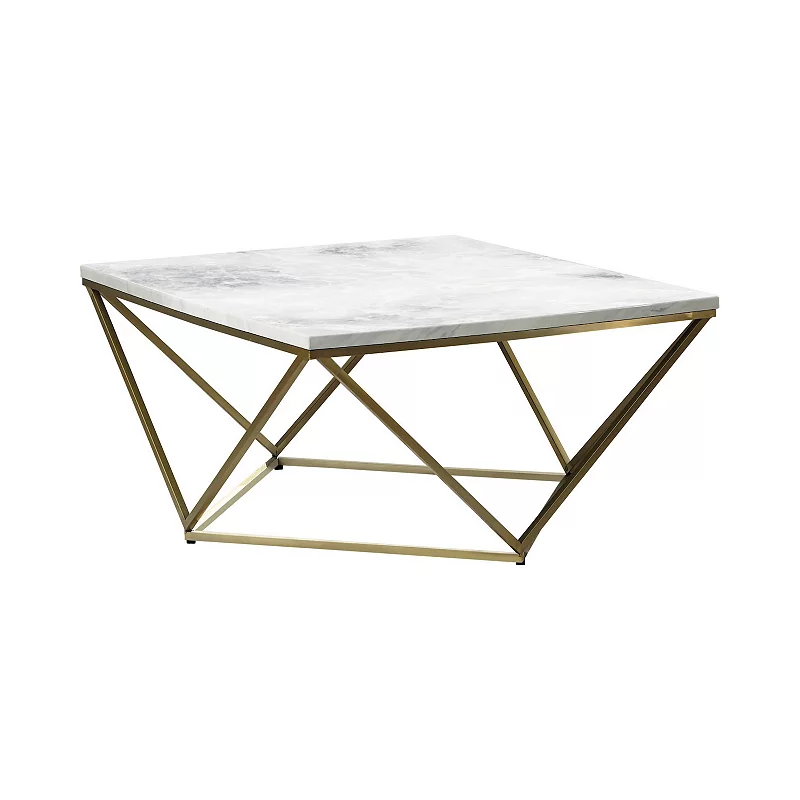 36 Inch Modern Square Coffee Table， White Faux Marble Top， Slender Gold Base