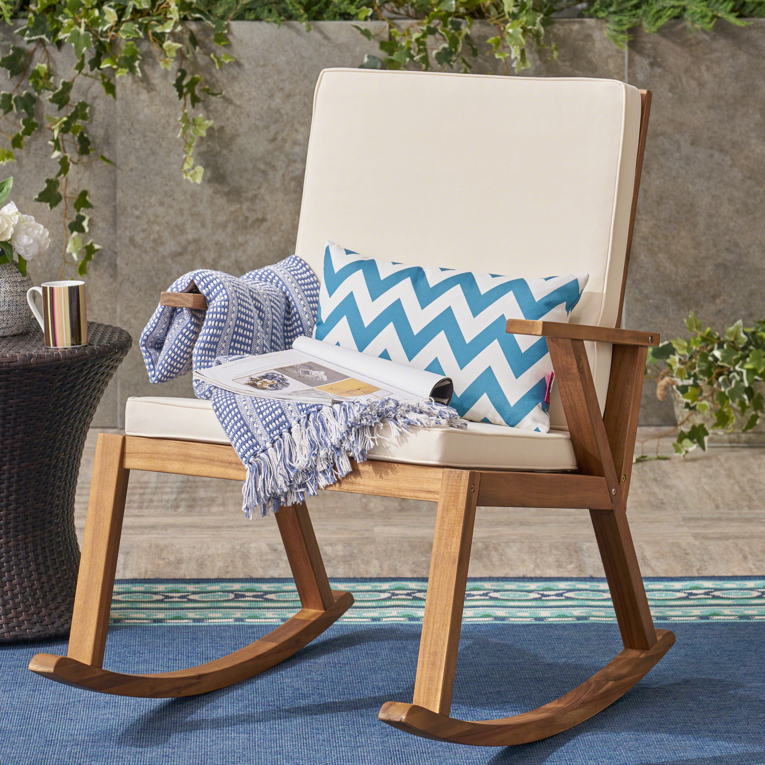 Andy Outdoor Acacia Wood Rocking Chair with Water-Resistant Cushions