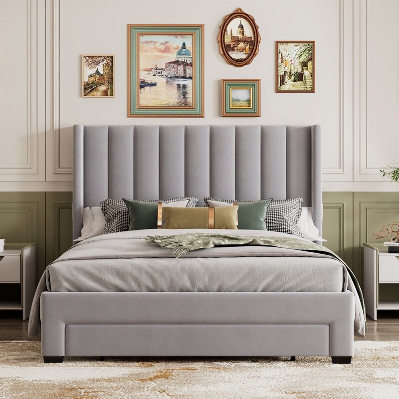 Queen/Full Size Velvet Upholstered Platform Bed with a Big Storage Drawer