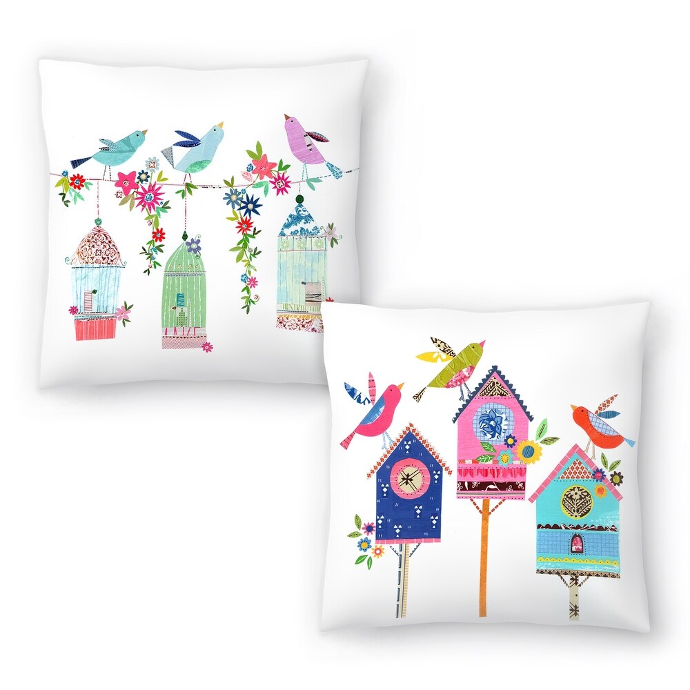 Pretty Bird Cages and Three Bird Houses   Birds   Set of 2 Decorative Pillows