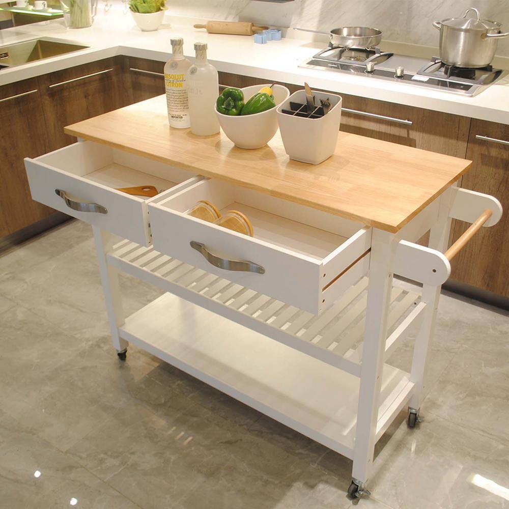 45 in. W White Wood Kitchen Island with 2-Lockable Wheels for Easy Storing and Fetching BF1663C475