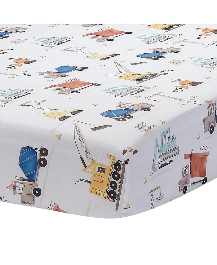 Bedtime Originals Construction Zone Baby Fitted Crib Toddler Sheet- White Trucks