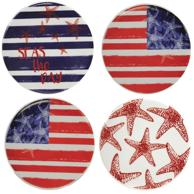 Tabletop Patriotic Coasters Set Of Coasters 4 0 Inches American Flag Starfish 20882 Ceramic Multicolored