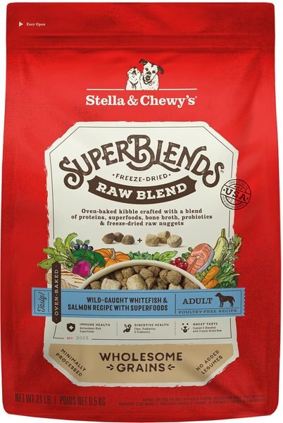 Stella and Chewy's SuperBlends Raw Blend Wholesome Grains Wild-Caught Whitefish and Salmon Recipe with Superfoods Dry Dog Food