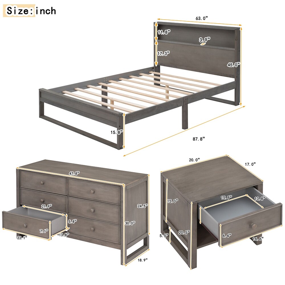 Queen Size Wood Platform Bed with Nightstand and Storage Dresser