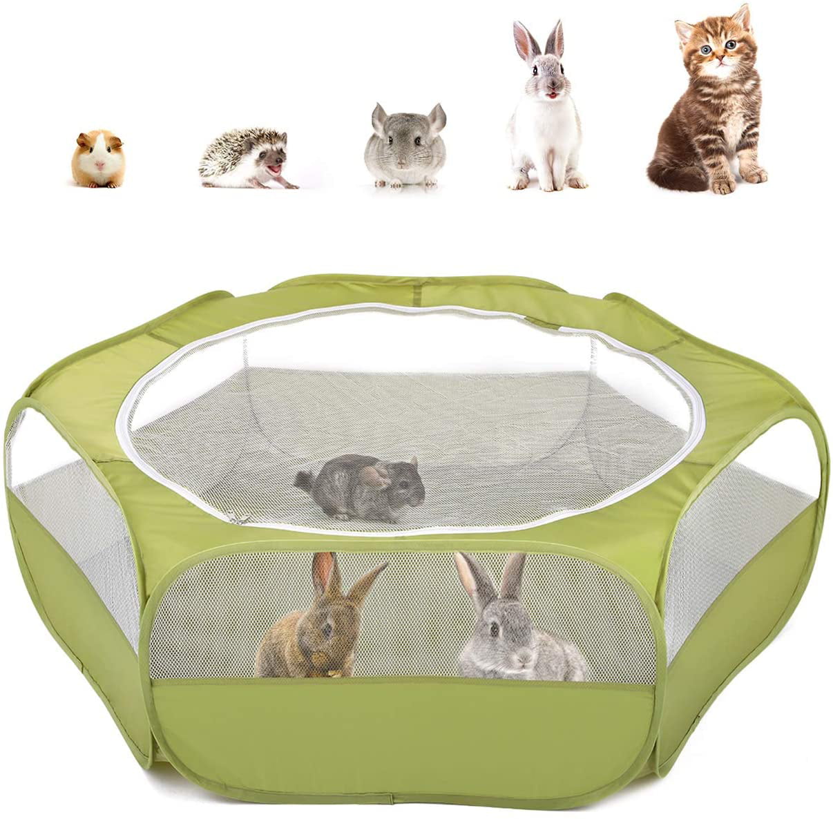 Pawaboo Small Animals Playpen， Waterproof Small Pet Cage Tent with Zippered Cover， Portable Outdoor Yard Fence with 3 Metal Rod for Kitten/Puppy/Guinea Pig/Rabbits/Hamster/Chinchillas， Green