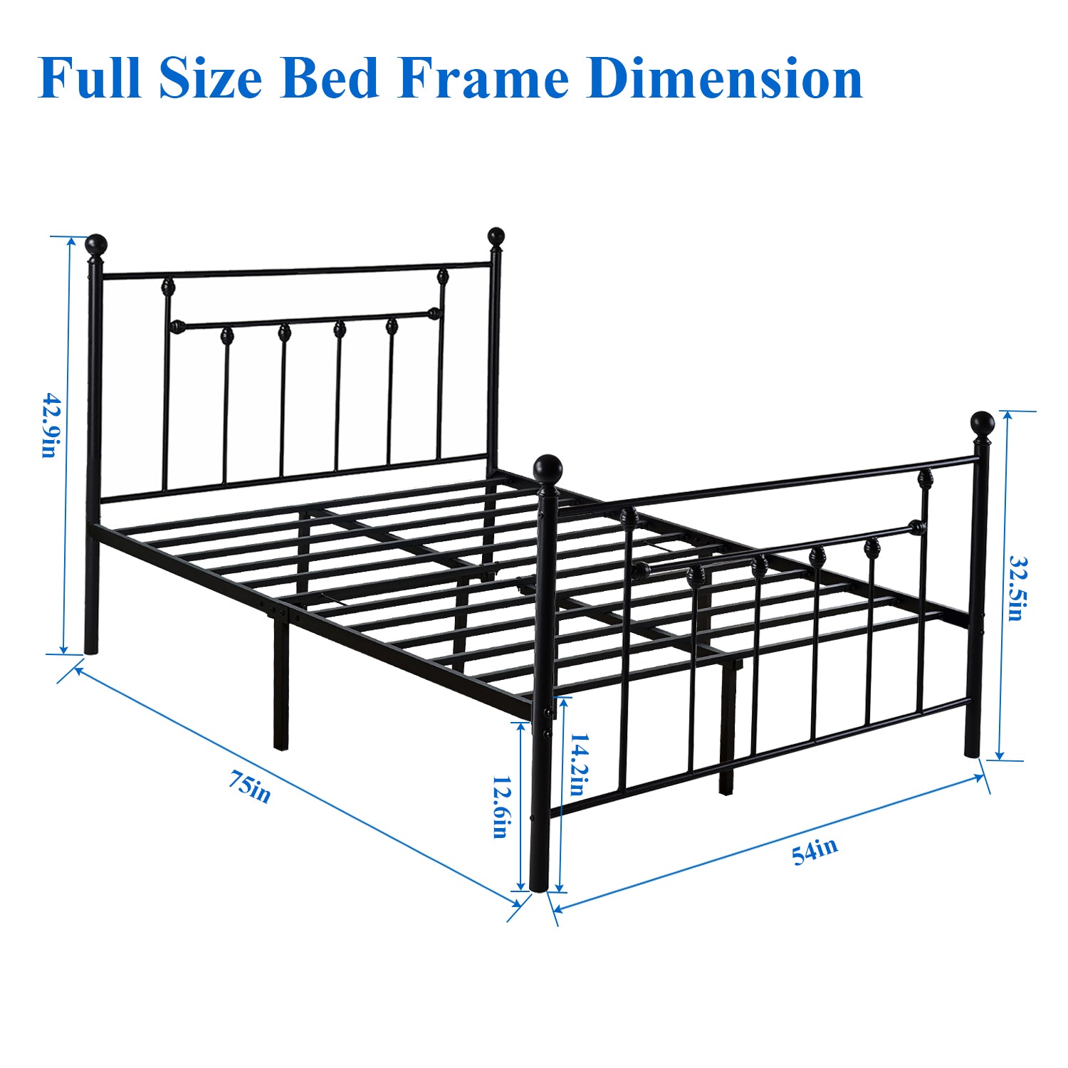 Victorian Full Size Metal Platform Bed with Headboard & Footboard, No Box Spring Needed, Black