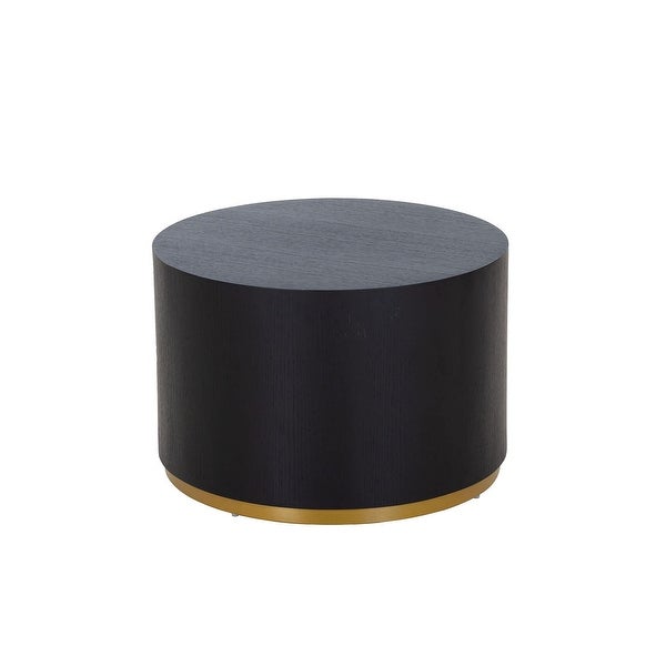 Black Round Coffee Table with Gold Rim Bottom， Round Wood Barrel End Table Side Table for Living Room Bedroom - as picture