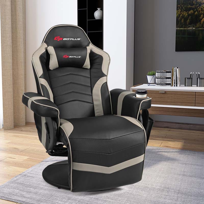 PU Leather Massage Gaming Chair, Ergonomic High Back Racing Style Gaming Recliner with Adjustable Backrest & Footrest, Cup Holder, Side Pouch