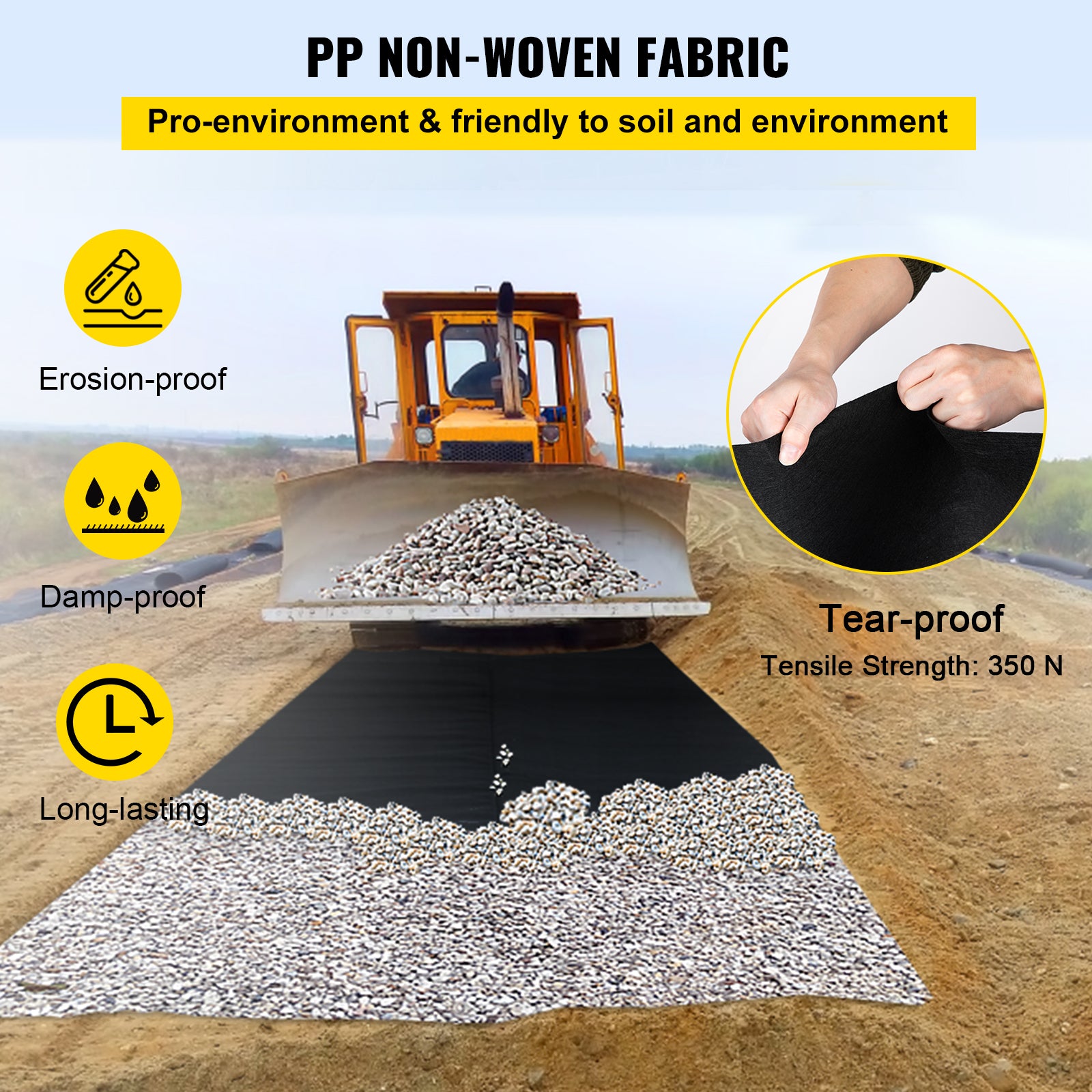 VEVORbrand Geotextile Landscape Fabric, 6ft x 100ft 8 oz Non-woven PP Drainage Fabric with 350N Tensile Strength & 440 N Load Capacity, for Ground Cover, Garden Fabric, French Drains