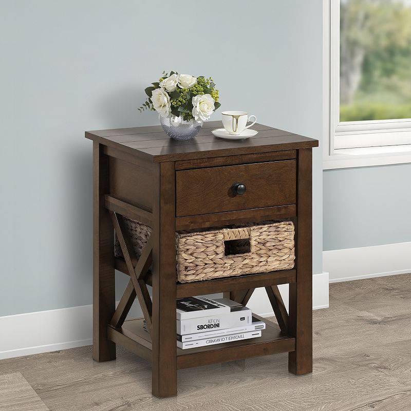 eHemco X-Side Solid End Table Nightstand with Drawer， 2 Storage Shelves and Wicker Basket