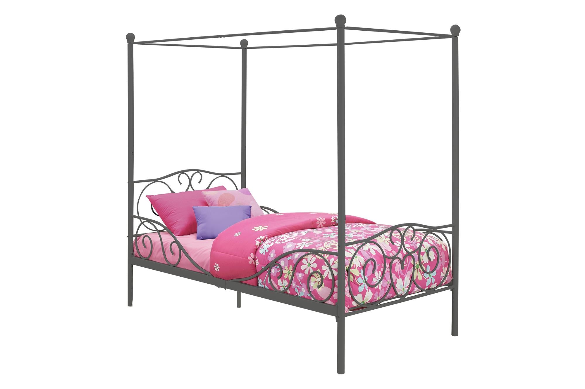 Elm & Oak Metal Canopy Kids Poster Bed, Twin, Pewter