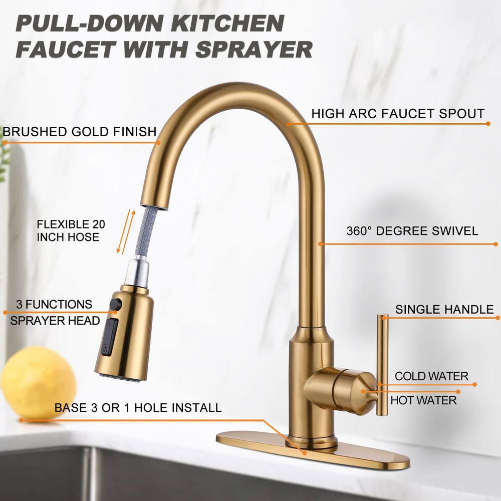 WOWOW Single-Handle Wall Mount Gooseneck Pull Down Sprayer Kitchen Faucet with Deckplate Included in Brushed Gold 2312701G-AMUS