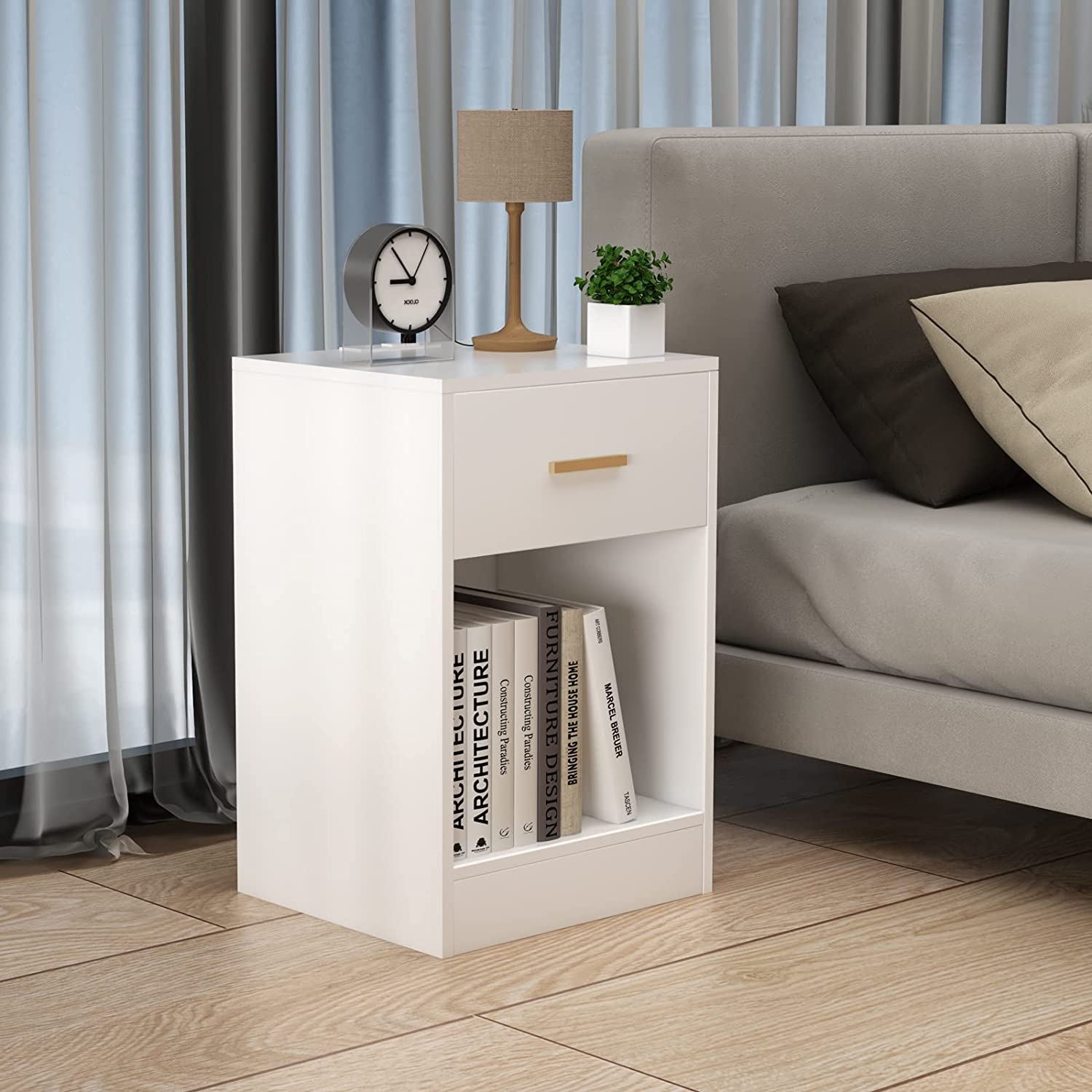 WELLAND Nightstand with Charging Station End Side Table with Storage Drawer and Open Cabinet, Bedside Table, White Finished