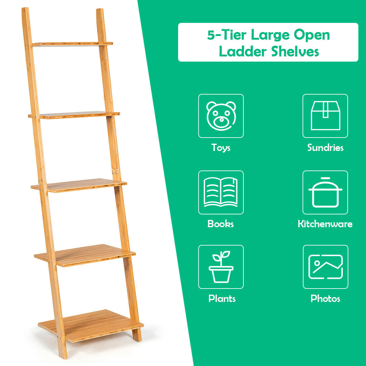 5-Tier Bamboo Ladder Plant Stand Leaning Bookshelf Display Shelf