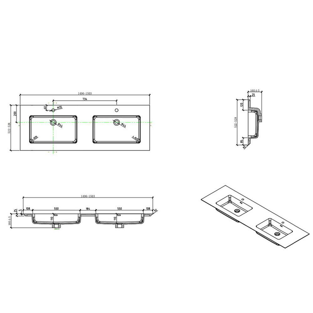 JimsMaison Elisa 60 in. W x 20.7 in. D x 18 in. H Wall-Mounted Bath Vanity in Green with Black Solid Surface Top and Double Sinks Elisa-60GRN