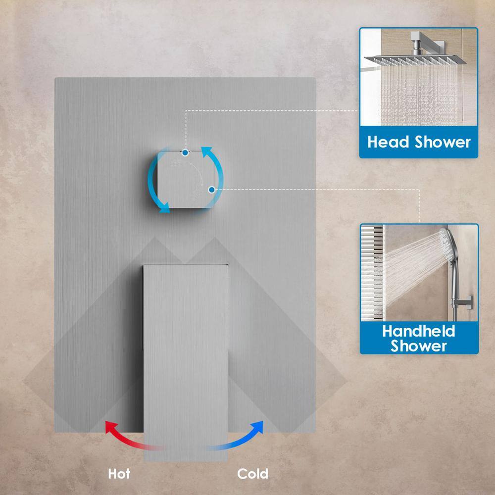 GRANDJOY Pressure Balance 2-Spray Wall Mount 10 in. Fixed and Handheld Shower Head 2.5 GPM in Brushed Nickel Valve Included SRM6646NI-10BL