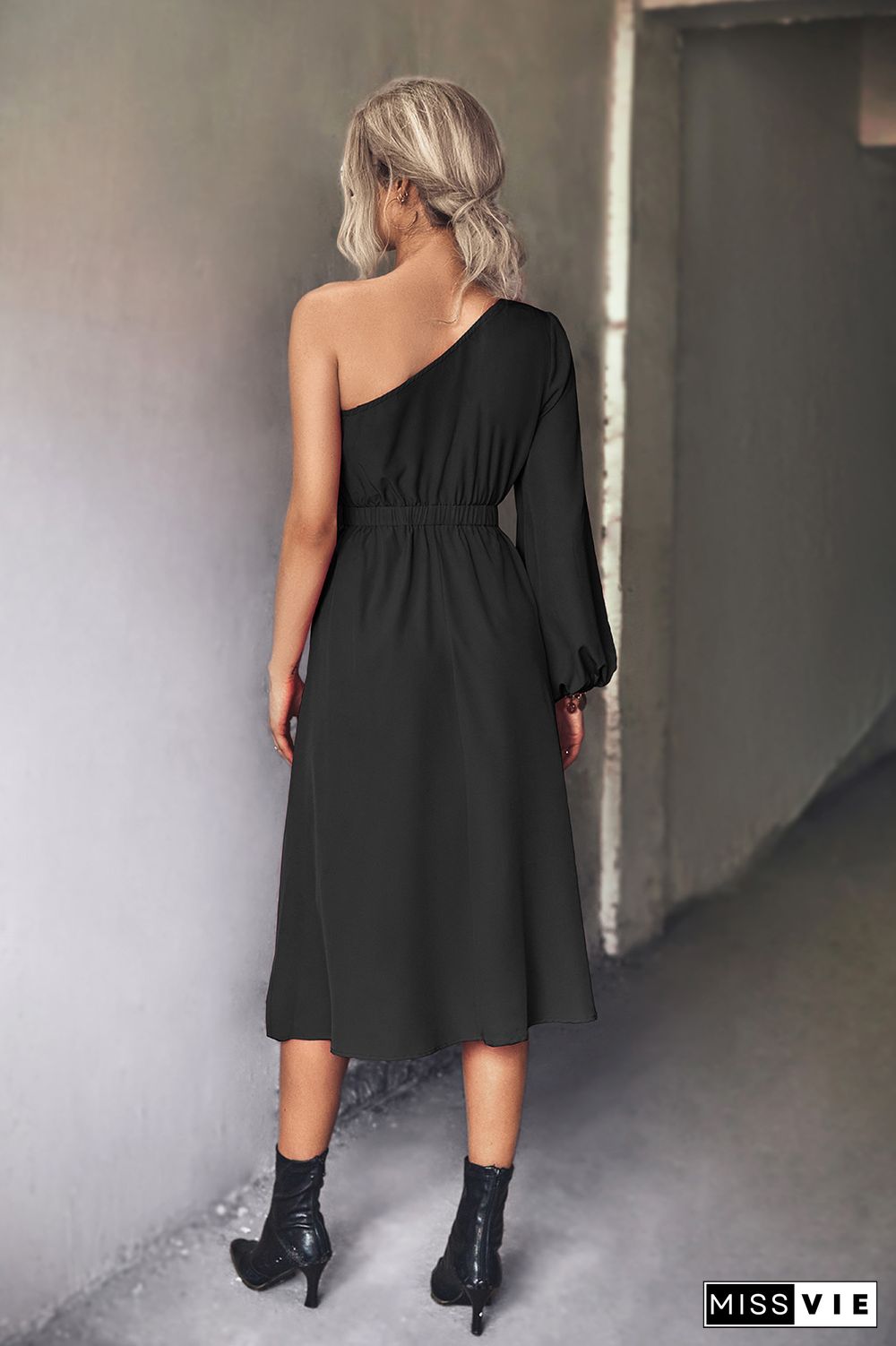 One Shoulder Elastic High Waist Midi Dress