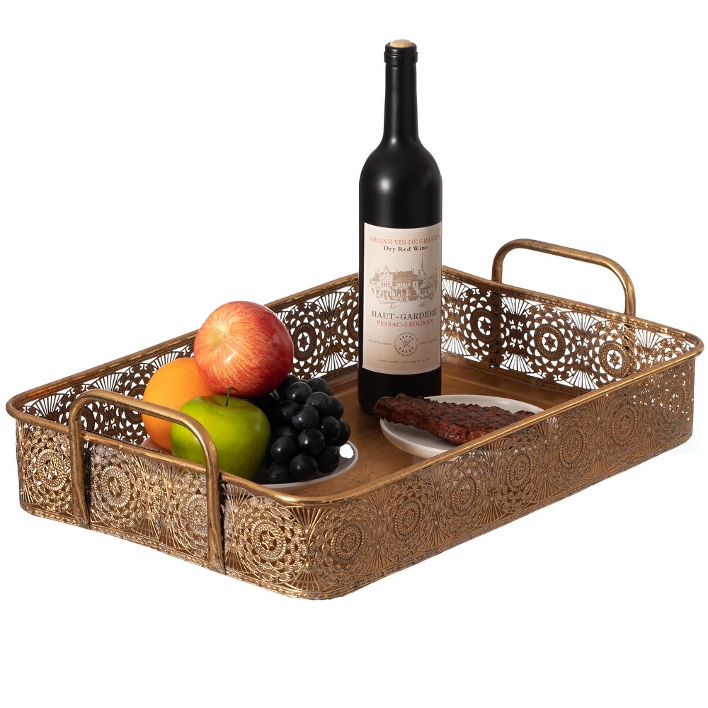 Metal Gold Rectangular Serving Tray with Oval Design and Handles