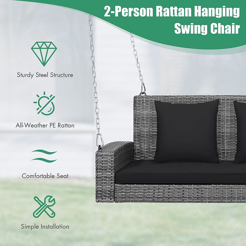 2-Person Patio PE Wicker Hanging Porch Swing Bench Chair Cushion 800 Pounds