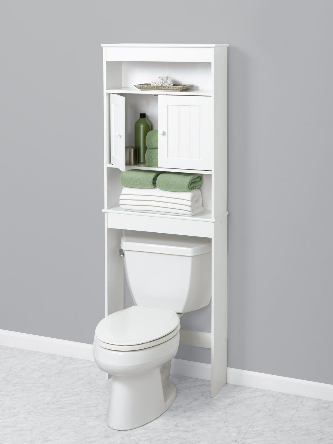 White Bathroom Spacesaver with Cabinet and 3 Shelves， Zenna Home Country Cottage over-the-Toilet